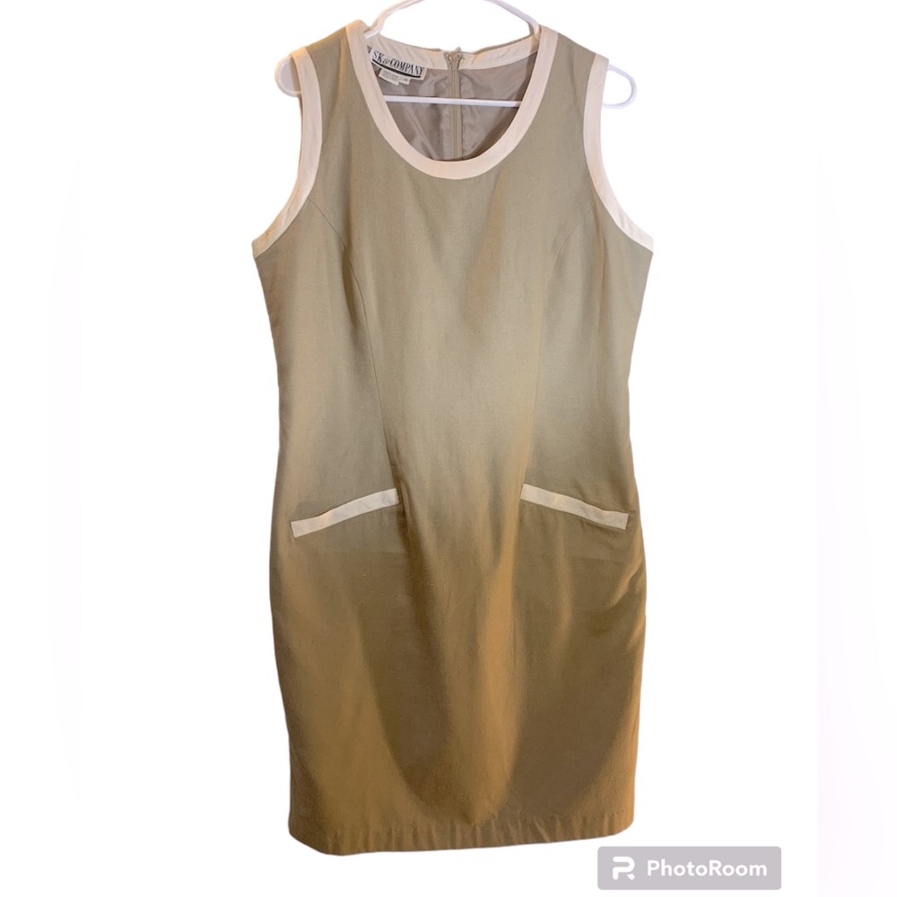 80s - 90s Silk Sheath Dress, Tan with Cream Trim.